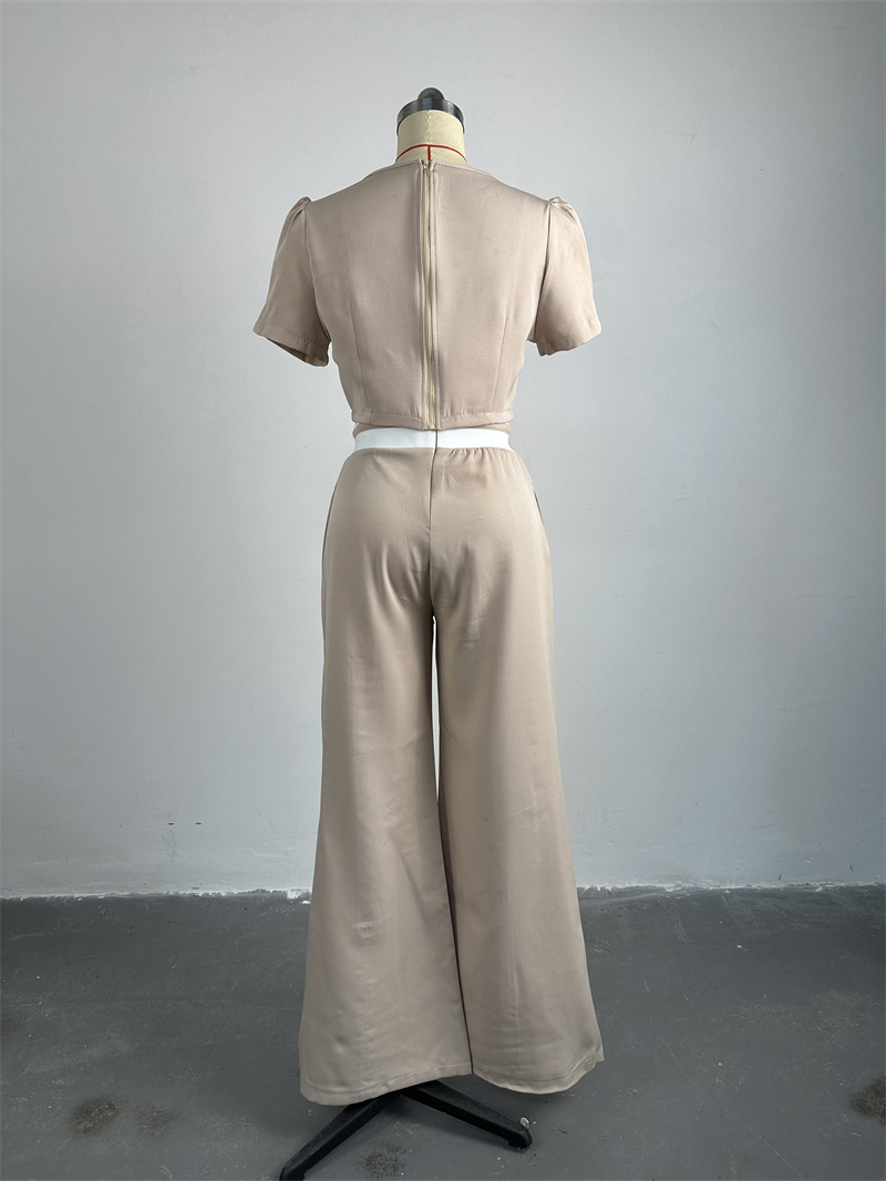 Women Clothing Spring Summer Round Neck Puff Sleeve Top Lace Up Wide Leg Pants Casual Suit
