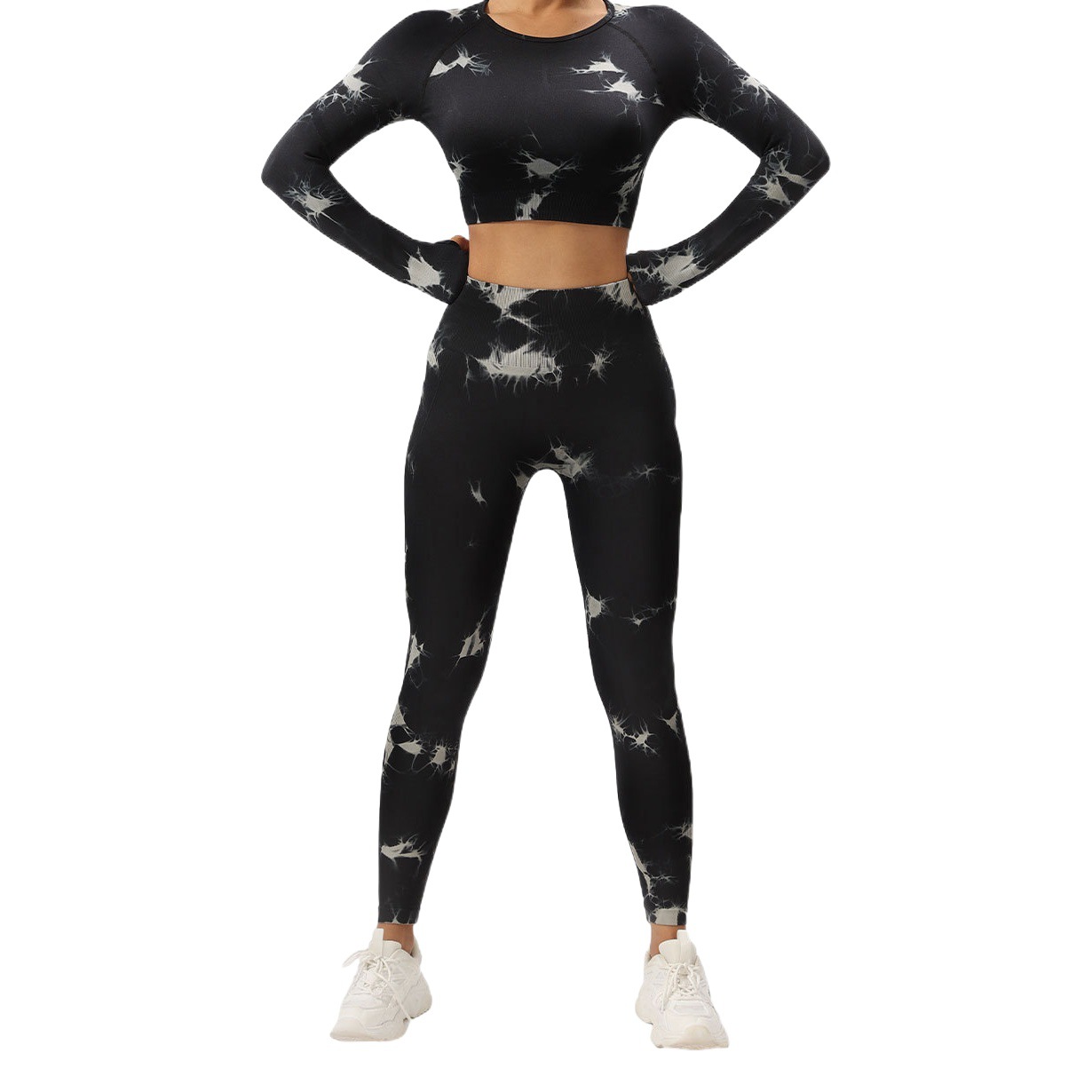 Europa y América transfronteriza sin costura tie-dye fitness deportes manga larga cintura alta melocotón vientre contracción apretado pantalones yoga deportes traje