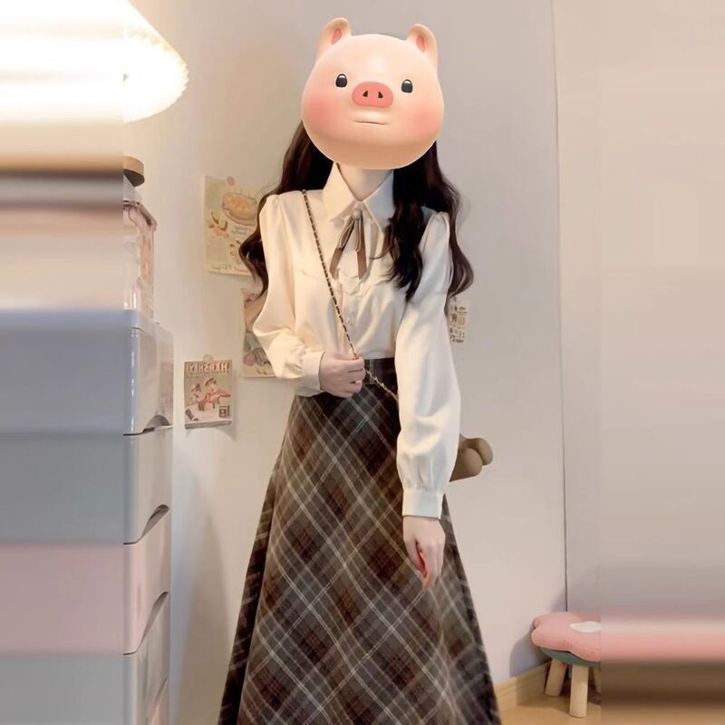 韩系长袖连衣裙子秋冬季新款女装小个子甜美格子半身裙衬衫套装女|undefined