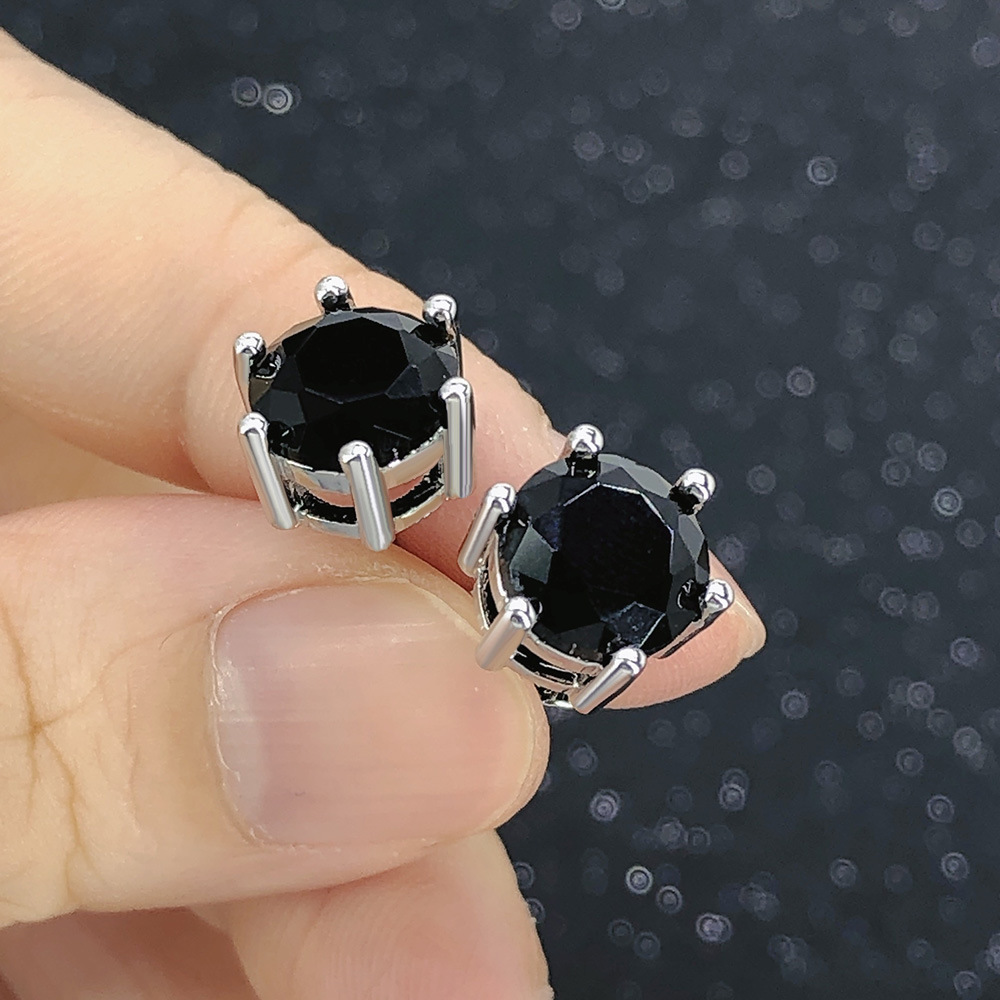 Classic Round Zircon Stud Earrings For Men Black Stone Jewelry_voghion.com