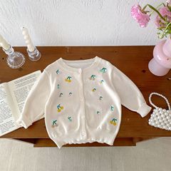 Summer 2024 New Arrival 1-8 Years Old Girls Knit Cardigan Korean Style Hand Embroidered Cherry Thin Sweatshirt Coat