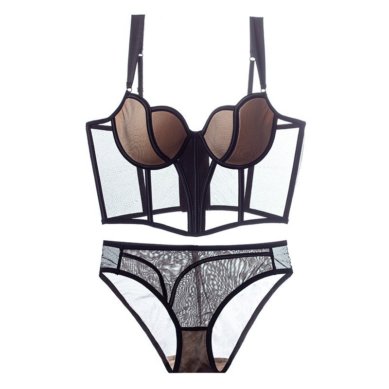 French Pure Desire Fishbone Corset Bra Thin Big Chest Small Bust Push Up Anti-Sagging Sexy Lingerie Set 