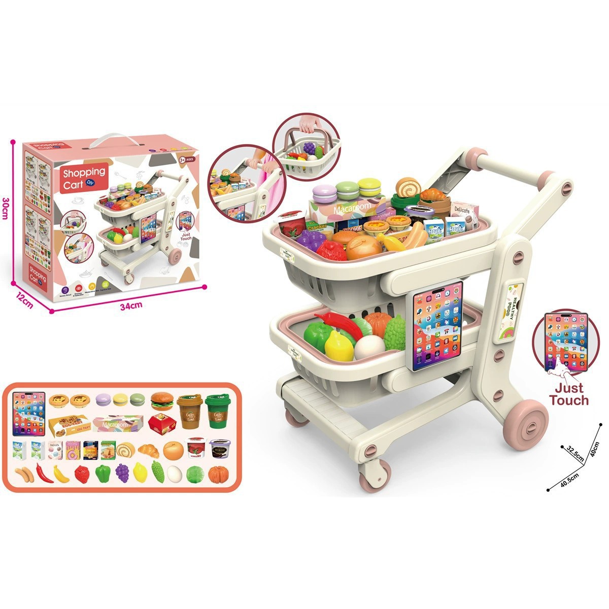 Comercio exterior infantil simulación de supermercado de doble capa de frutas y verduras carro de compras plano a través del juego de juguetes de supermercado