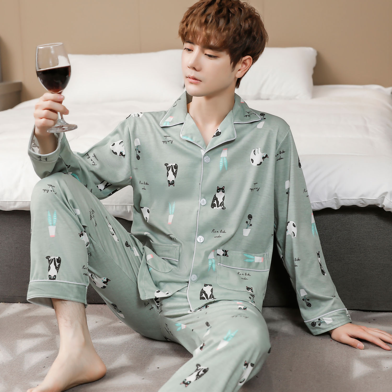 Pijamas de hombre primavera y otoño 100% algodón pantalones de manga larga cardigan verde de mediana edad ropa de hogar traje de invierno para los ancianos