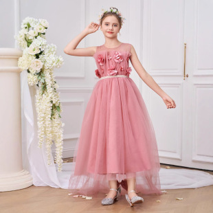 Cross-Border New Big Children's Dress Mesh Fluffy Tail Skirt Long Princess Dress Flower Girl Performance Evening Dress Wholesale