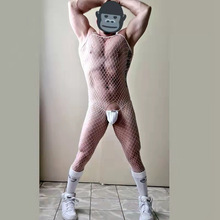 男士性感情趣网袜连体网袜内衣套装开口档提花网眼情趣连身丝袜男