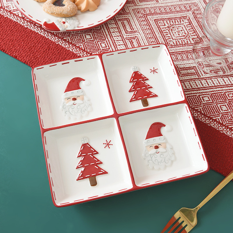 Papá Noel nórdico plato de cerámica platos de cubierta de cuatro placas de relieve creativo de estilo occidental plato de bocadillos