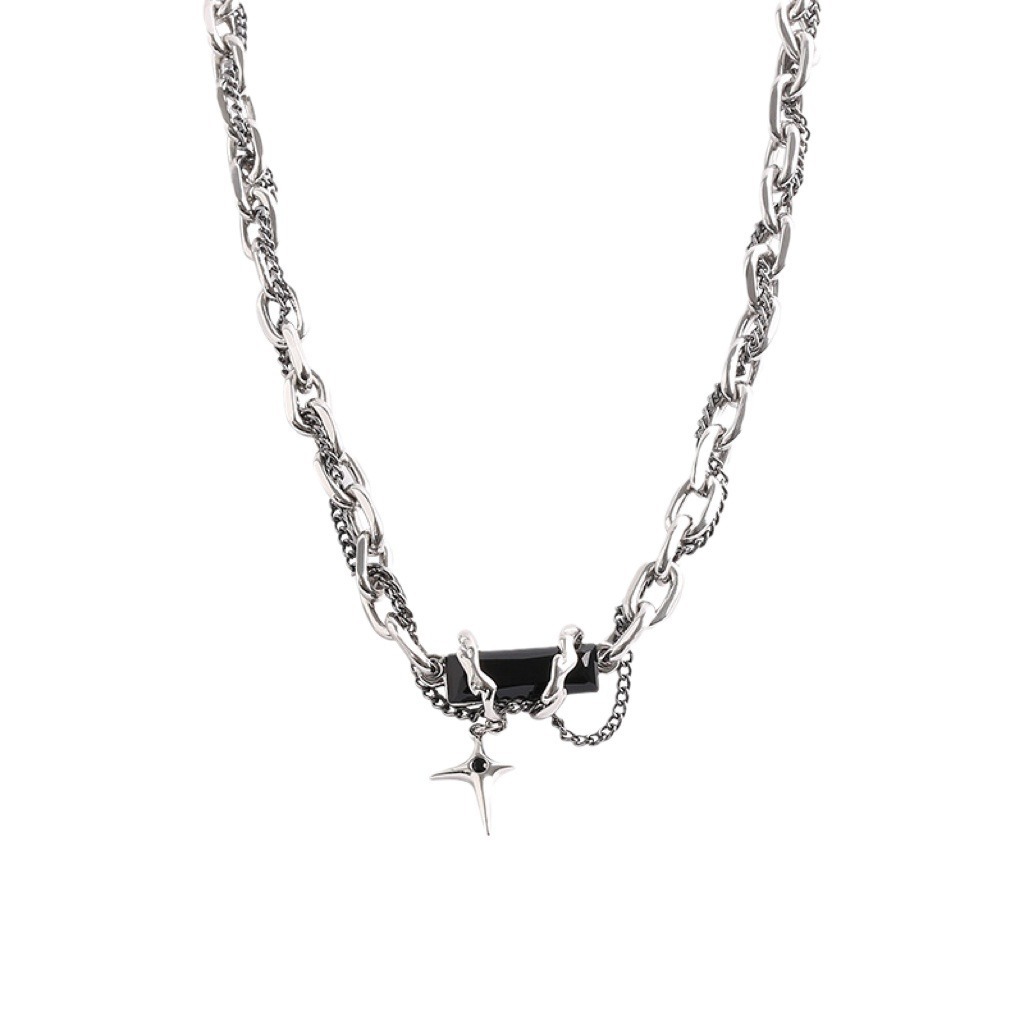Herren Halskette Mit Schwarzem Diamant Stern Anhänger Layer Set_voghion.com
