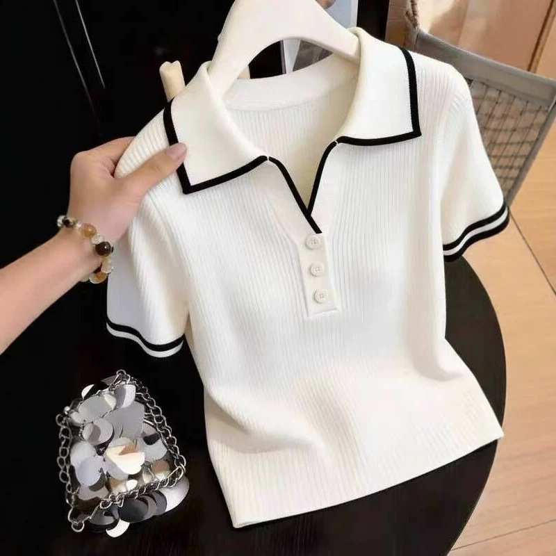 Áo thun dệt kim cổ lật phối khóa kéo viền hoa nữ tính — màu mơ