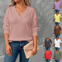 独立站亚马逊外贸欧美秋季女装跨境纯色华夫格v领长袖T恤时尚