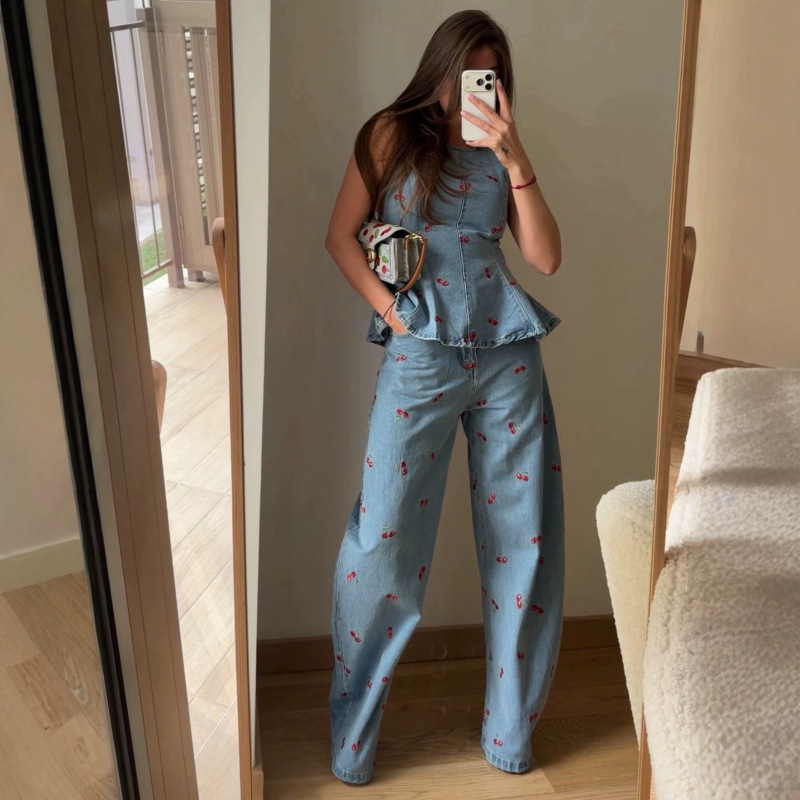 Sleeveless Vest Style Top with Lace Hem, High-Waisted Straight-Leg Printed Jeans Set, Two-Piece Set for Women Wholesale