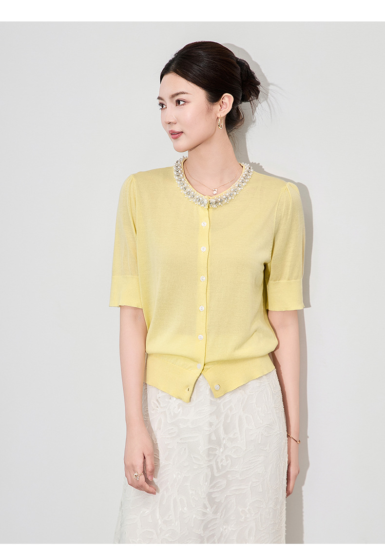 Áo len dệt kim ngắn tay cổ tròn đính cườm phong cách Pháp — đen chi tiết 13