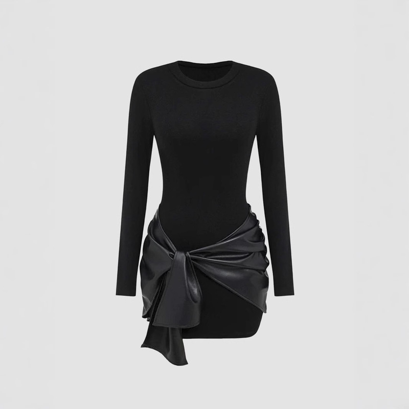 2025 European and American Amazon Women's Pure Color Long-Sleeved Mini Dress + Front Lace-Up Pu Decoration