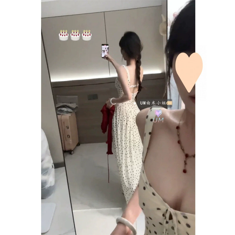 Женский комплект платья на бретельках в горошек во французском стиле, летнее длинное платье со сборками на талии, тонкая трикотажная солнцезащитная рубашка.