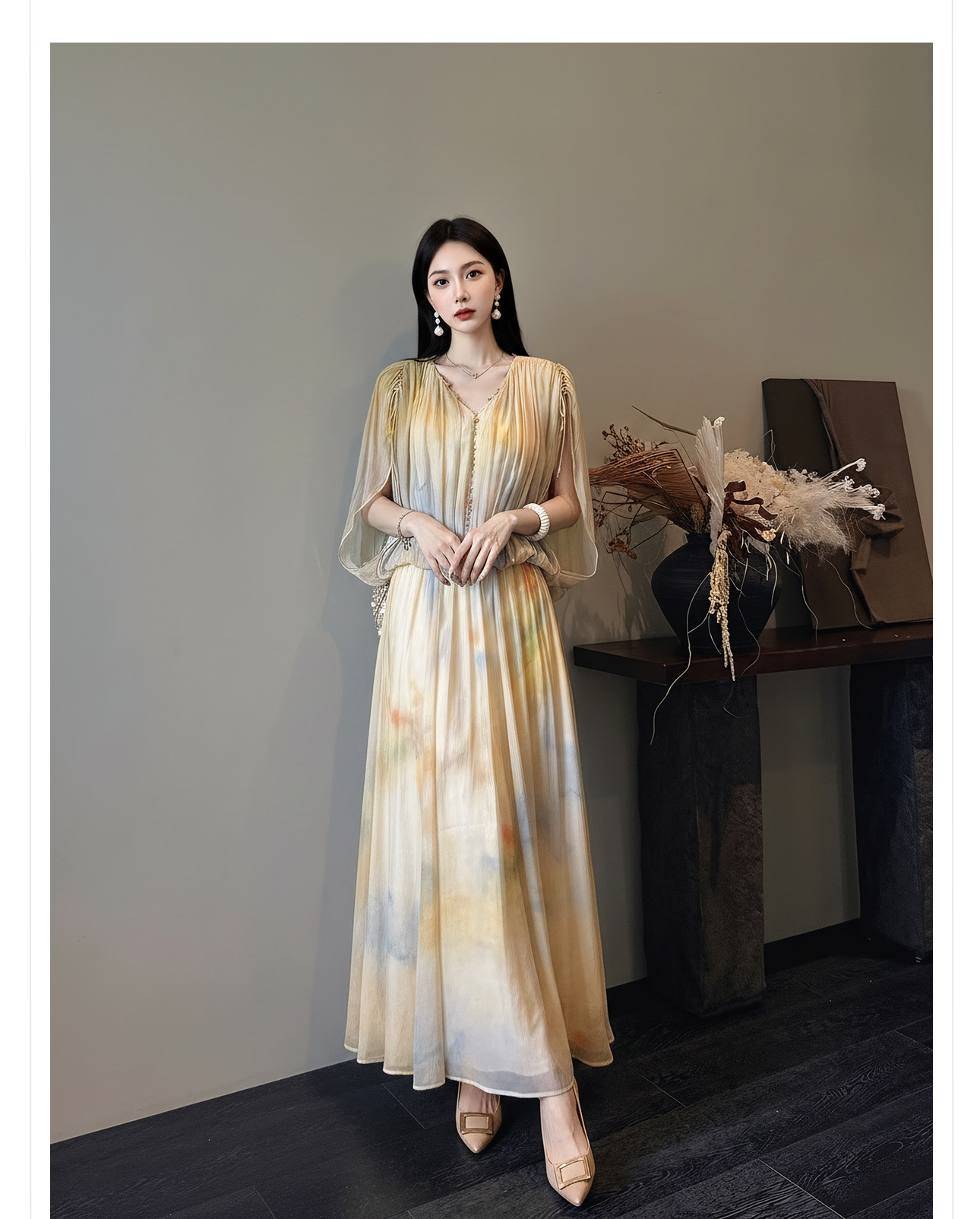 Đầm maxi nữ thắt eo họa tiết chìm gradient cao cấp — Gạo màu chi tiết 6