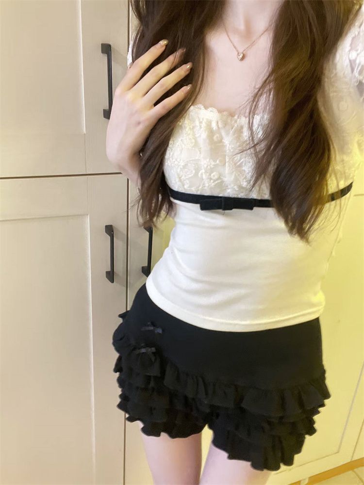 Korean-Style Lace Patchwork Bow Short-Sleeve T-Shirt for Women, Summer Slim-Fit Puff Sleeve Square Neck Top