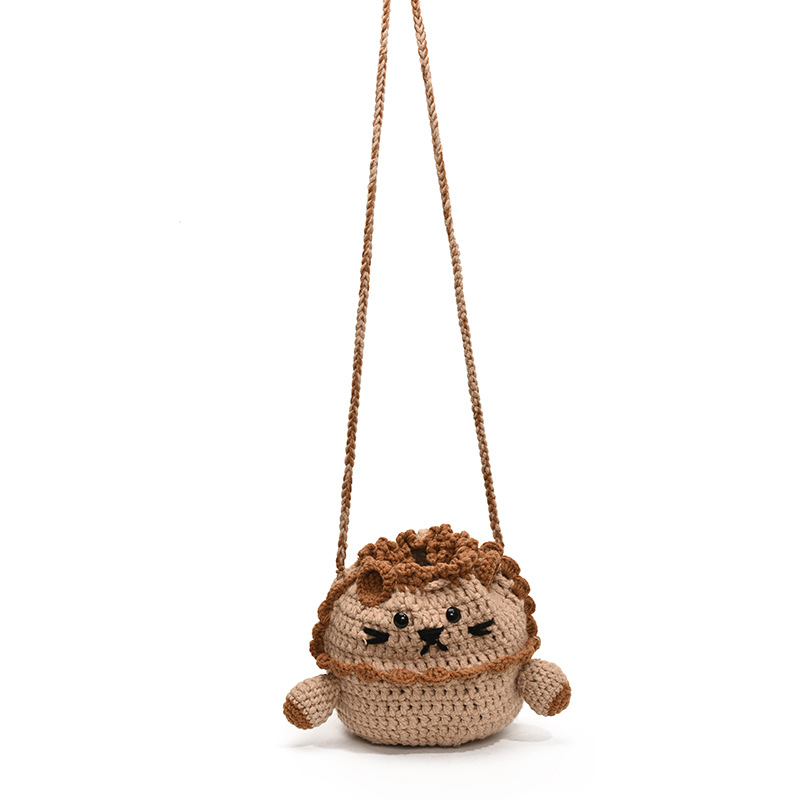 Bolsos para niños ganchos hechos a mano, bolsos de hombro para niños y niñas, bolsos de hombro lindos de lana, león pequeño, bolsos mochilas de cuerda de dibujo