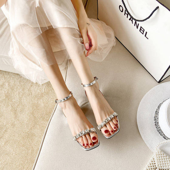 2025 New High-Heeled Shoes for Women, Thick Heels, Open-Toe Rhinestone Fashion One-Line Buckle Sandals, Female Fairy Style Gentle Shoes