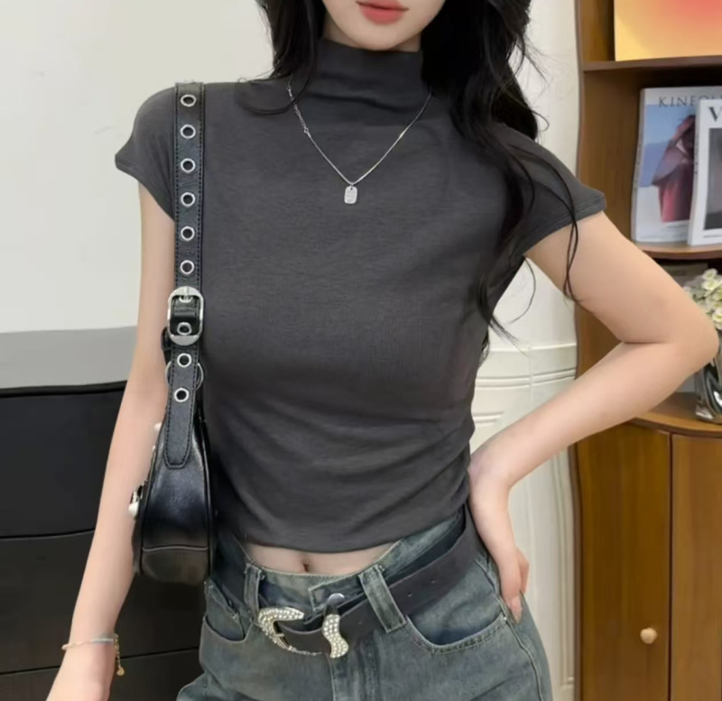 2025半高领短袖T恤女时尚纯色韩版显瘦早秋打底衫内搭女上衣显瘦|undefined