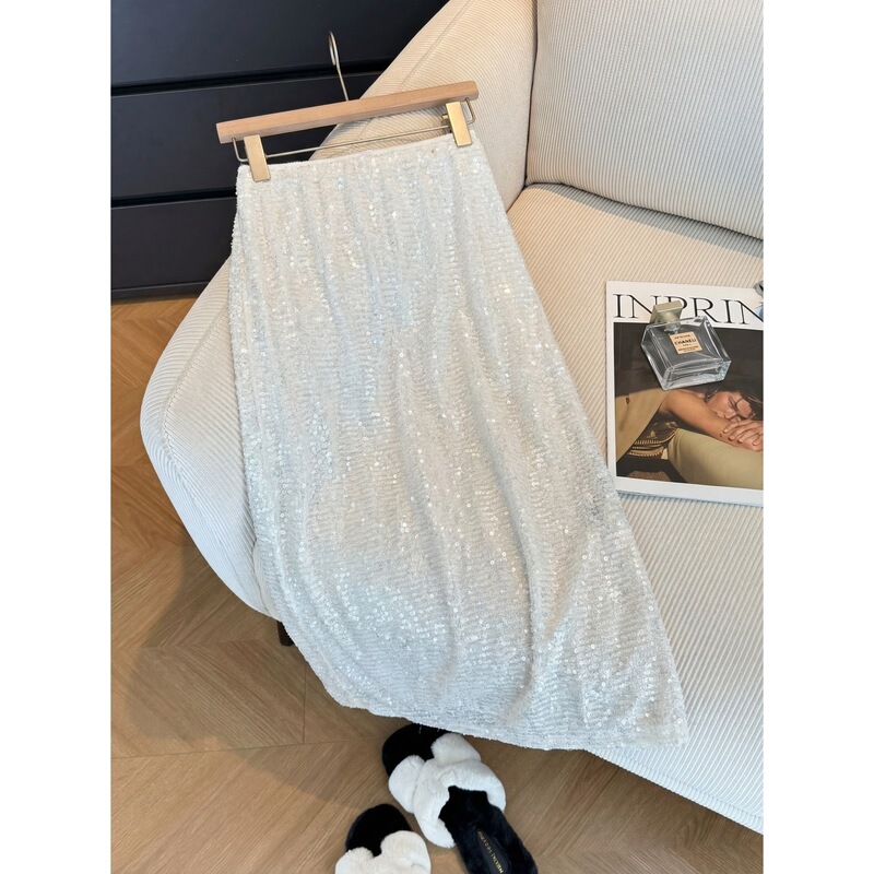 White Heavy-Duty Sequined Skirt for Women, Summer High-Waisted Slimming A-Line Mid-Length French-Style Straight Pencil Skirt