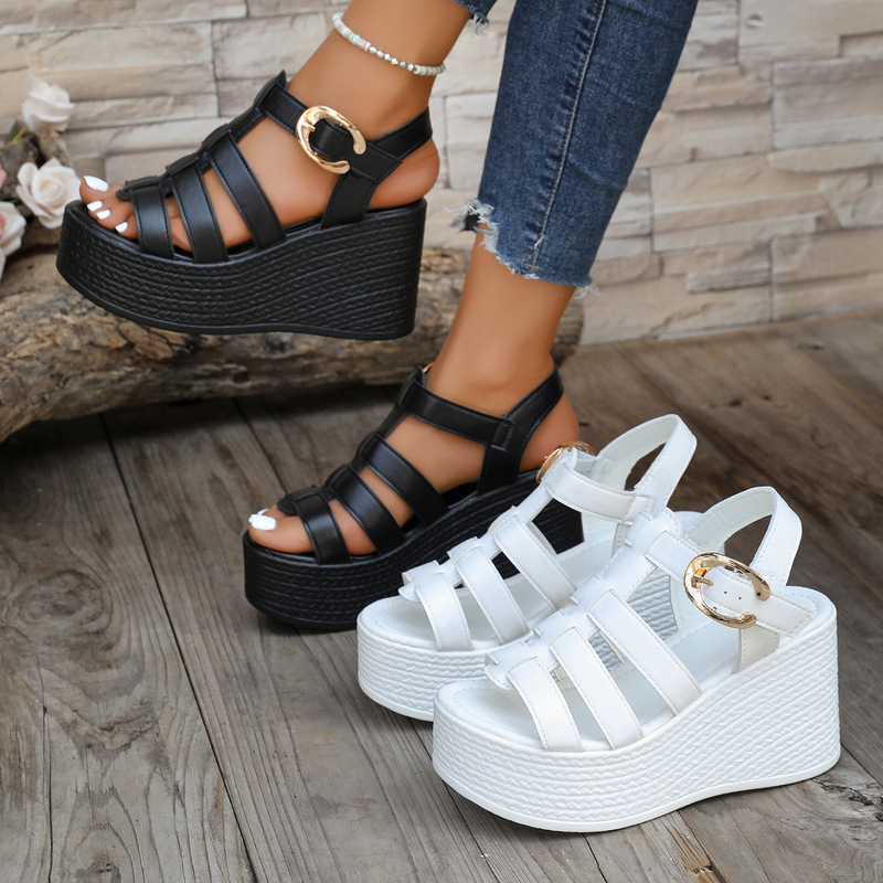 Wedge Roman Sandals New Summer High-Heeled Thick-Soled Women's Shoes European and American Fashion One-Strap Platform Sandals in Stock Wedge Roman Sandals New Summer High-Heeled Thick-Soled Women's Shoes European and American Fashion One-Strap Platform Sandals in Stock