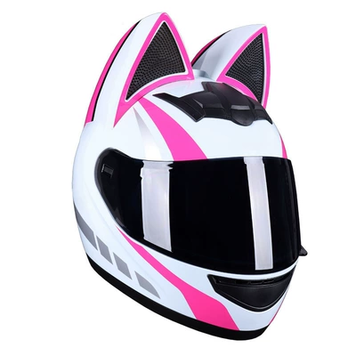 Motosiklet kaskı (dəbilqə) – Full-Face Helmet, Electric Vehicle Helmet - white-pink-cat-black-lenses-s