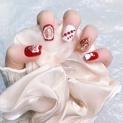 2024新年龍年純手工穿戴甲美甲醒獅大紅色短款高級感甲片批發合集