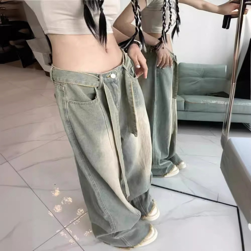【韩牛】2025秋冬新新款毛边拼接设计百搭宽松高腰阔腿牛仔裤女|undefined