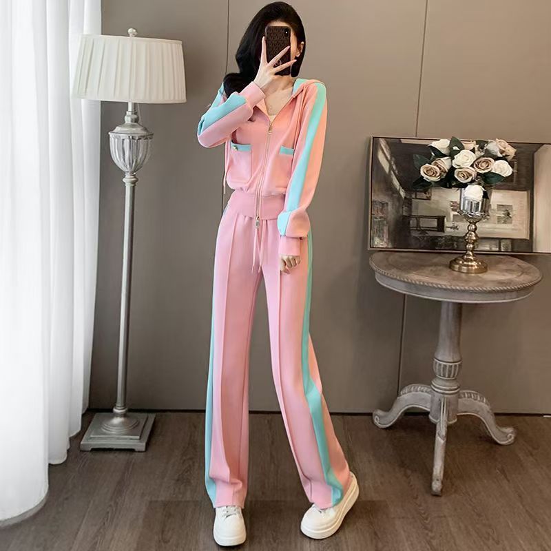 秋季休闲运动套装女2025新款洋气粉色减龄连帽撞色直筒裤两件套潮|undefined