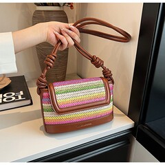 拼色高級感結繩草編斜挎包潮流復古單肩腋下包圓筒洋氣手提小方包