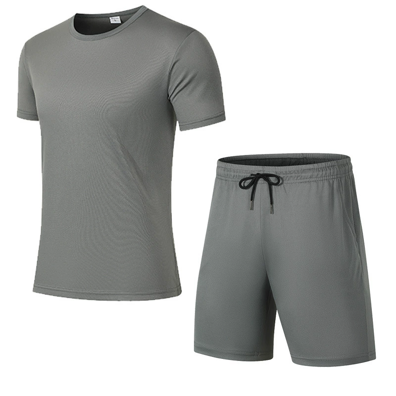 Мужской летний спортивный костюм из сетки, короткий рукав, однотонный, 2 предмета, для бега и фитнеса, кросс-бордерная мода