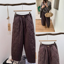 爆款菱格亚麻棉裤女2025冬季新款宽松百搭松紧腰保暖加棉哈伦裤潮