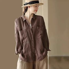 翻领棉麻衬衫女士2025春秋季新款妈妈宽松遮肚棉麻长袖开衫上衣女