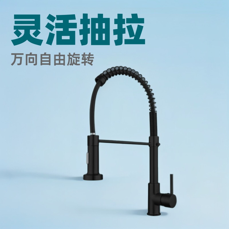 跨境专供不锈钢弹簧抽拉龙头厨房水槽万向旋转双出水喷头