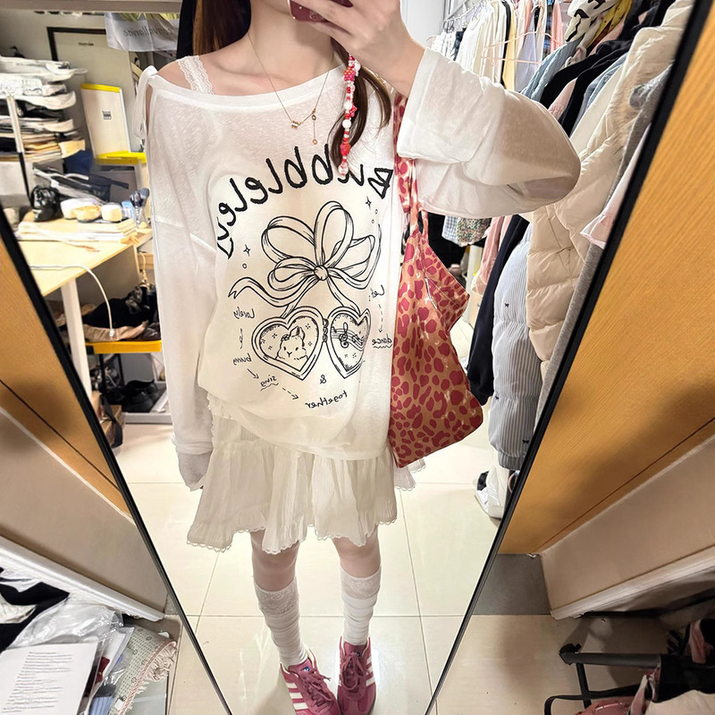 Bow Print Slanted Shoulder Sun Protection Long-Sleeved Blouse T-Shirt for Women 2025 New Summer Thin Loose Lazy Style Top