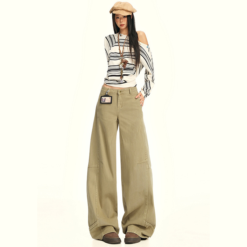 Khaki Cargo Jeans for Women, Autumn Low-Rise Patchwork Loose Silhouette American Versatile Scimitar Straight Wide-Leg Pants