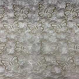 激光镂空珠片绣绣花面料 全涤双绉蝴蝶连衣裙童装礼服绣花布