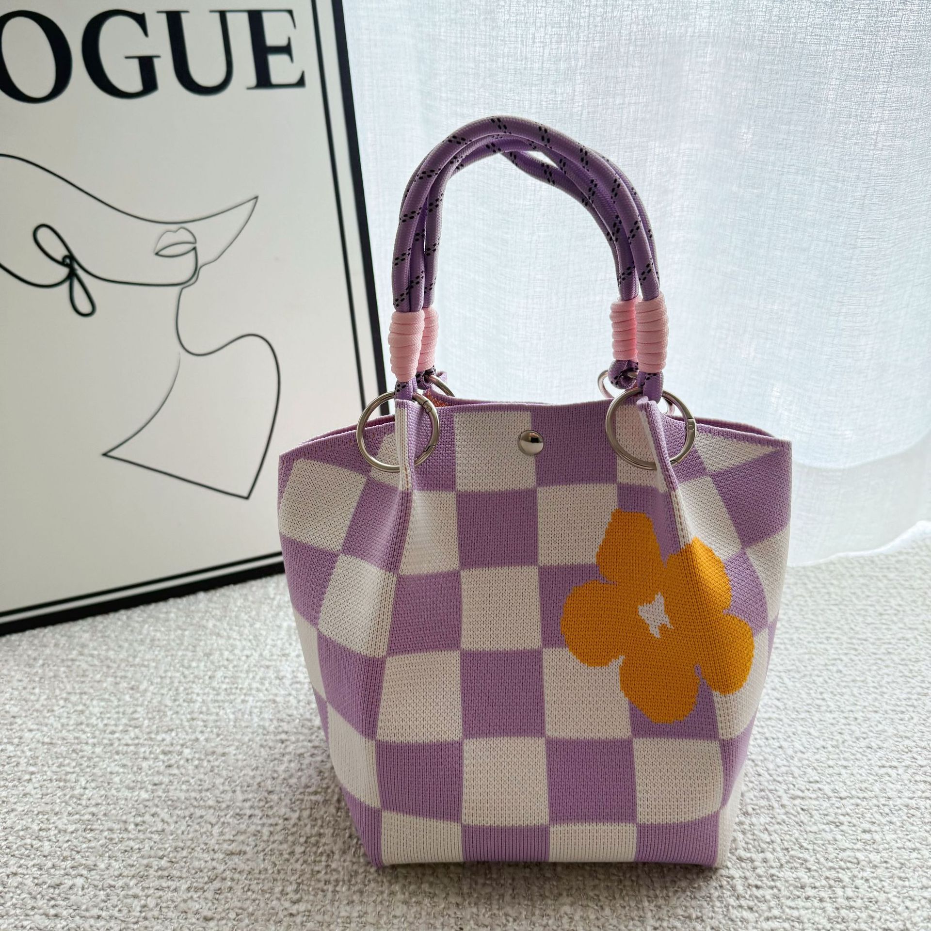 Sunflower Knit Ring Handle Structured Everyday Handbag 31