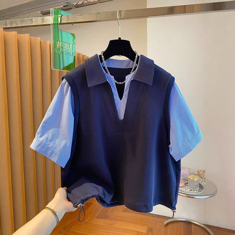 Plus-Size Women's 150kg Shirt with Patchwork Design, Faux Two-Piece Short-Sleeve T-Shirt, Summer Loose Casual Polo Collar Top for Women