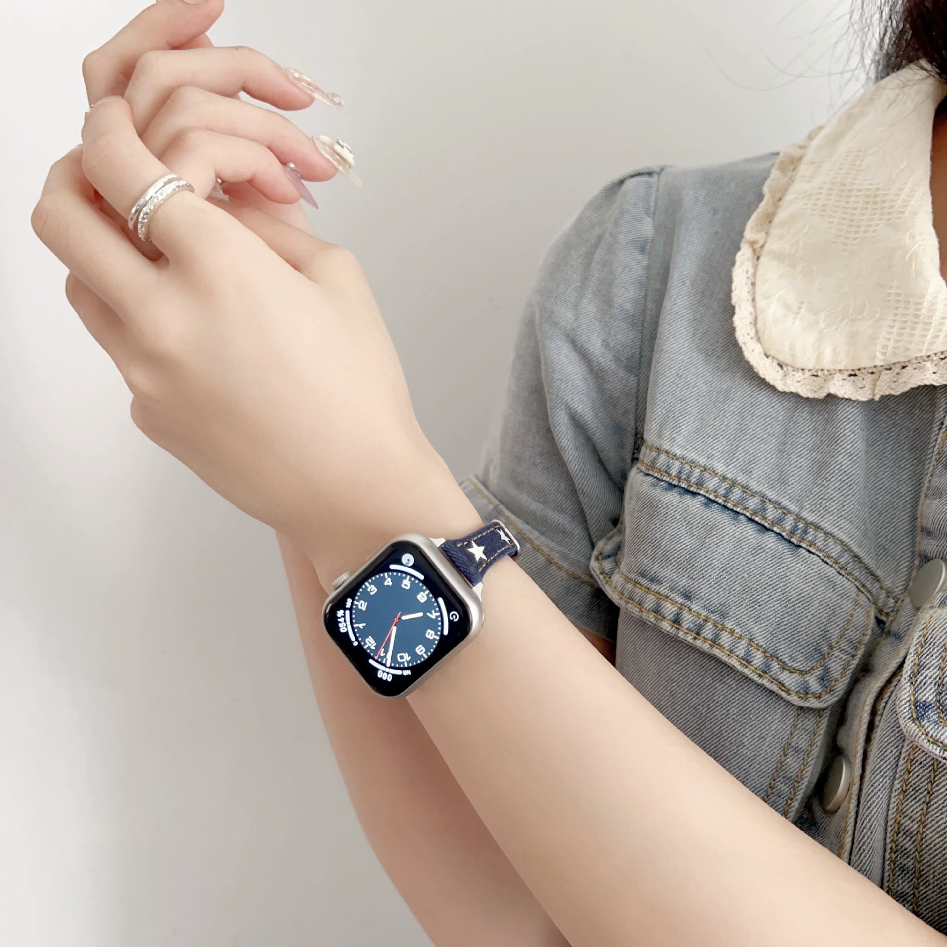 Ретро джинсовый ремешок со звездой, тонкая модель, подходит для iWatch 9, ремешок S8, Apple Watch applewatch765432se