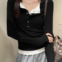 【1*1 260グラムの綿モーデール】偽の2つのつなぎ合わせは色の長袖の修身にぶつかってやせている気質を見せます。