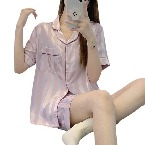 Ice silk pajamas for women 2024 new summer short-sleeved summer emulated silk home clothes ins style set pajamas