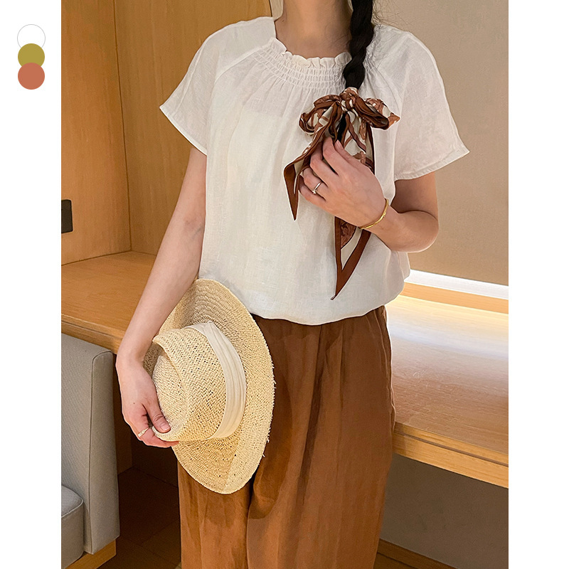 PLUS Sucho 100% Linen French Llace Collar Short Sleeve Shirt Summer New Product Age-reducing Full Linen Doll Shirt