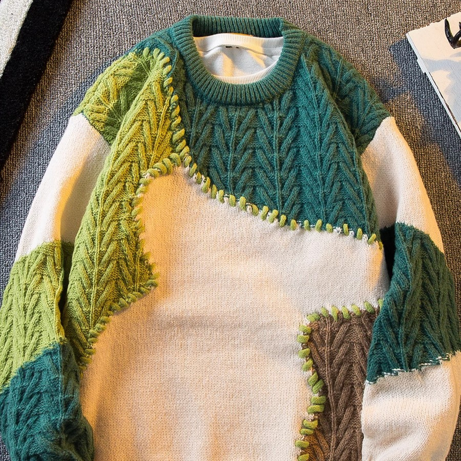 Moda comercio exterior pedido diario RC otoño e invierno nuevo producto costura japonesa contraste color jersey de longitud media suéter de punto oversize