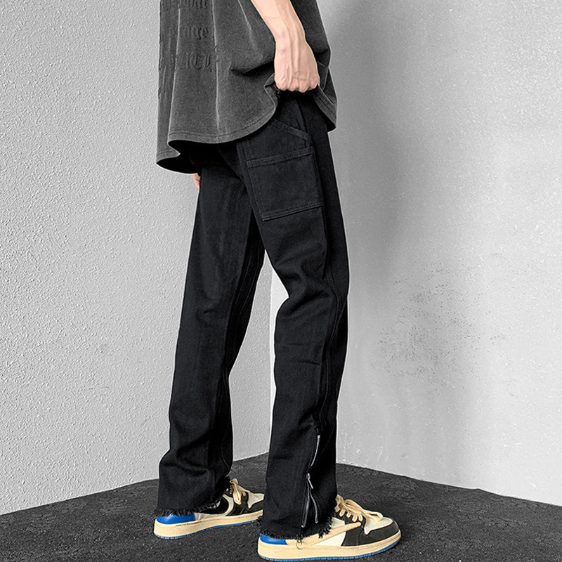 Black Jeans Men's Spring and Autumn American-style vibe High Street Fashion Brand Slim-fit Slimming Straight Tooling Zipper Long Pants