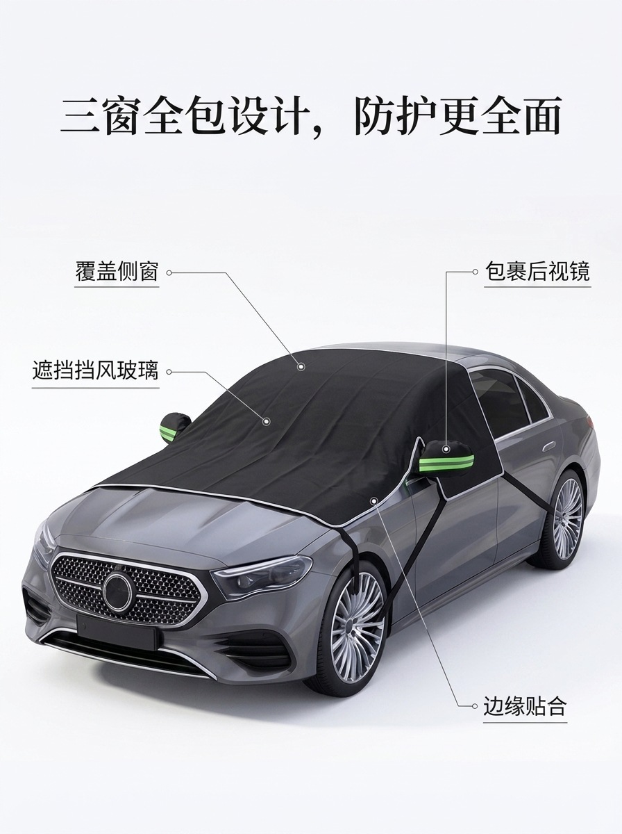600D Oxford cloth car snow cover for front windshield, anti-freeze cover, frost-proof, snow-proof, winter half-cover car cover