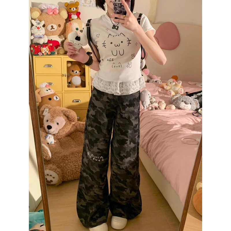 亚文化可爱猫咪蕾丝花边短袖T恤女夏季甜辣妹修身显瘦设计感上衣|undefined