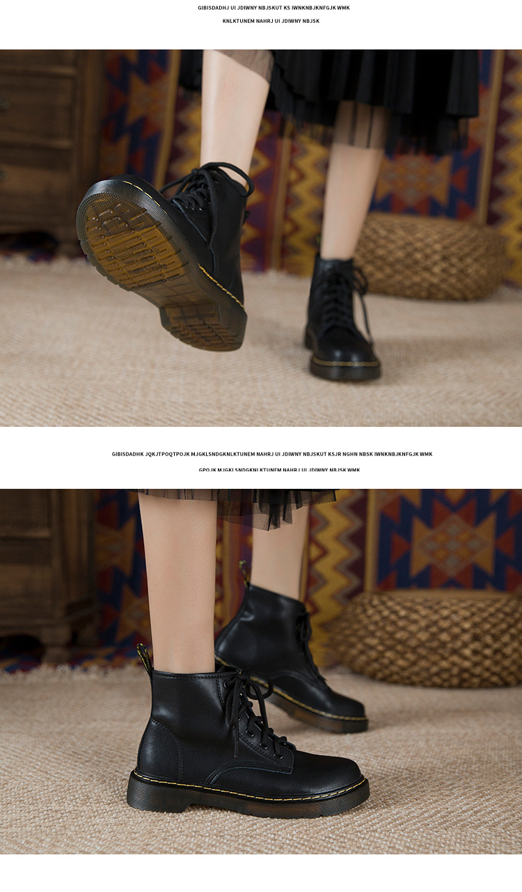 Bottes de moto courtes Martin noires en cuir véritable à lacets à huit et six trous de style britannique pour femmes_voghion.com