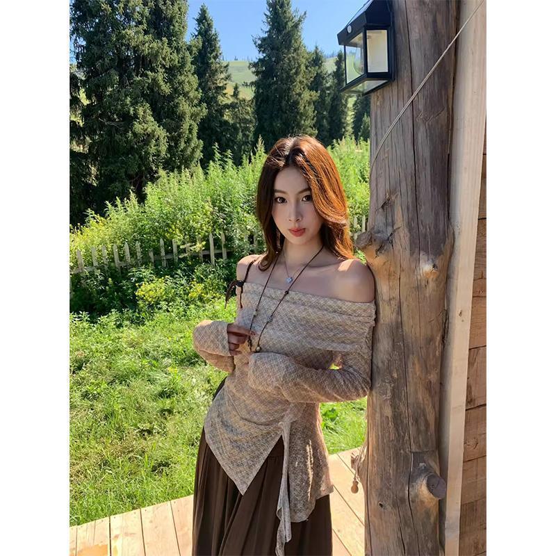 温柔风甜美气质套装一字肩开叉格纹长袖蕾丝衫女早秋休闲裤两件套|undefined