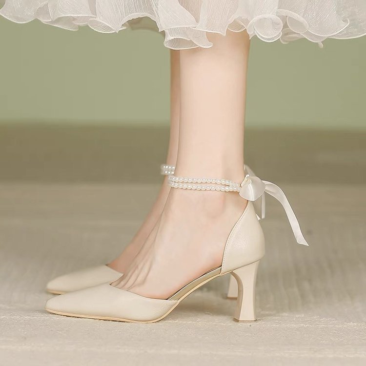 珍珠一字带女单鞋夏季中空凉鞋尖头浅口细跟高跟鞋时装性感女鞋